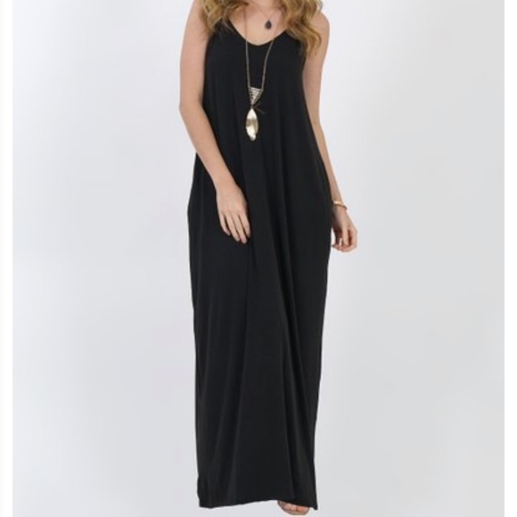 BLACK adjustable spaghetti strap maxi dress with pockets Large L Extra Large XL - Picture 5 of 8